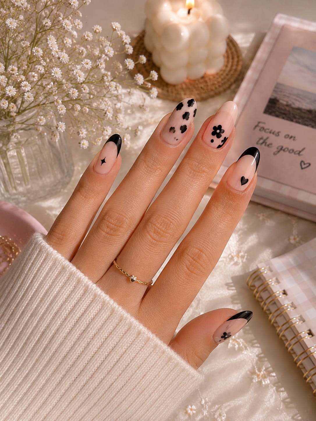 Black French, Floral & Heart Almond Press-On Nails | Reusable Minimalist Gel Nails | Fluture Luxury Collection