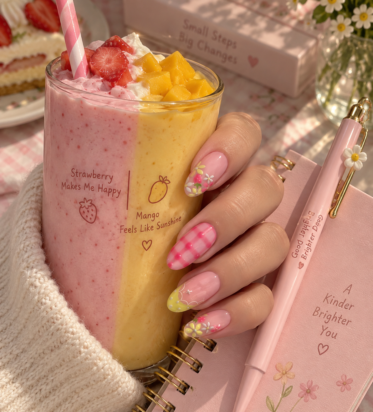 Strawberry Mango French, Floral & Gingham Almond Press-On Nails | Reusable Sweet Pastel Gel Nails | Fluture Luxury Collection