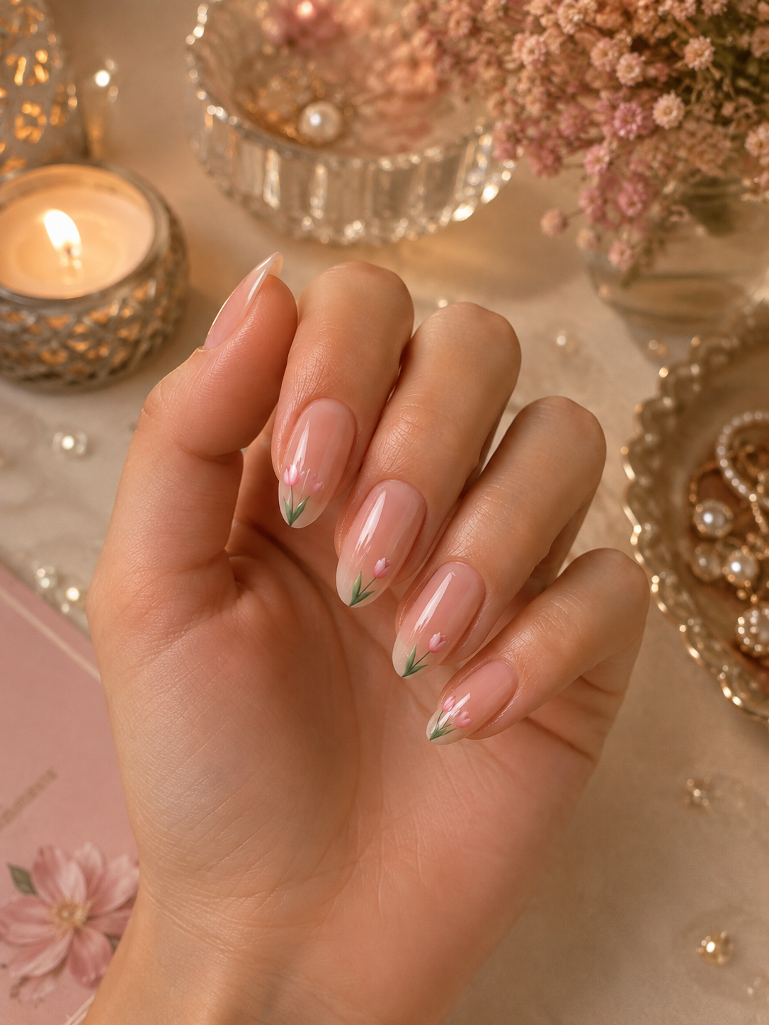 Blushing Tulip French Ombre Almond Press-On Nails | Reusable Minimalist Floral Gel Nails | Fluture Luxury Collection