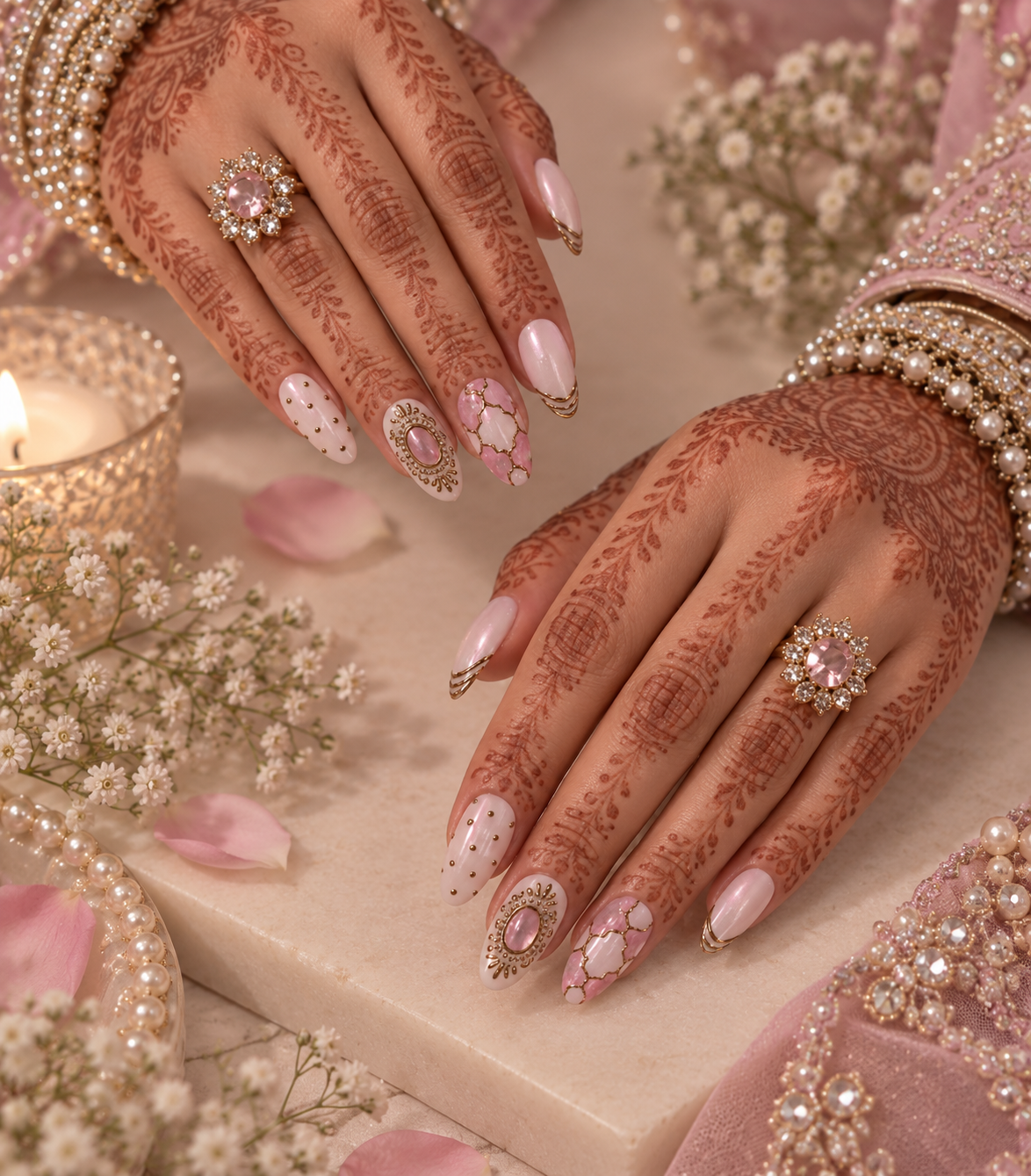 Bridal Rose Quartz Cameo Almond Press-On Nails | Reusable Wedding Gel Nails | Fluture Bridal Collection