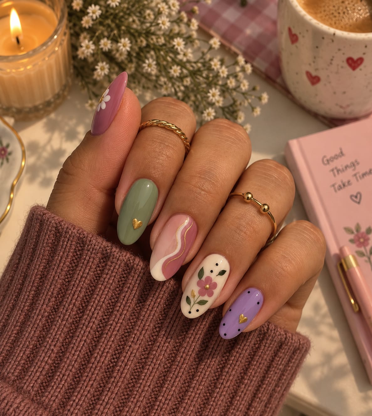 Sage & Mauve Floral, Ribbon Swirl & Heart Almond Press-On Nails | Reusable Pastel Gel Nails | Fluture Luxury Collection