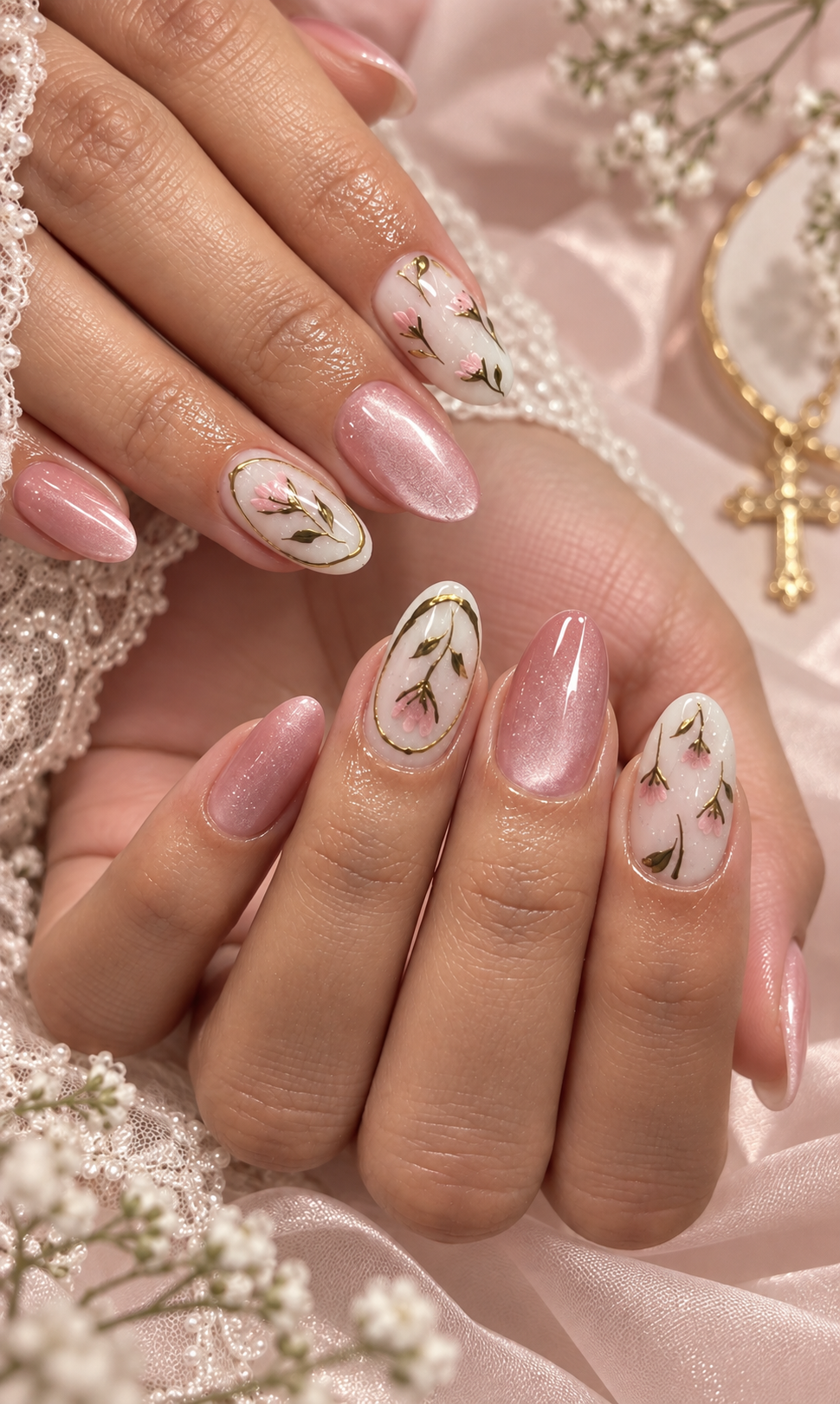 Bridal Pink Velvet Botanical Almond Press-On Nails | Reusable Wedding Gel Nails | Fluture Bridal Collection