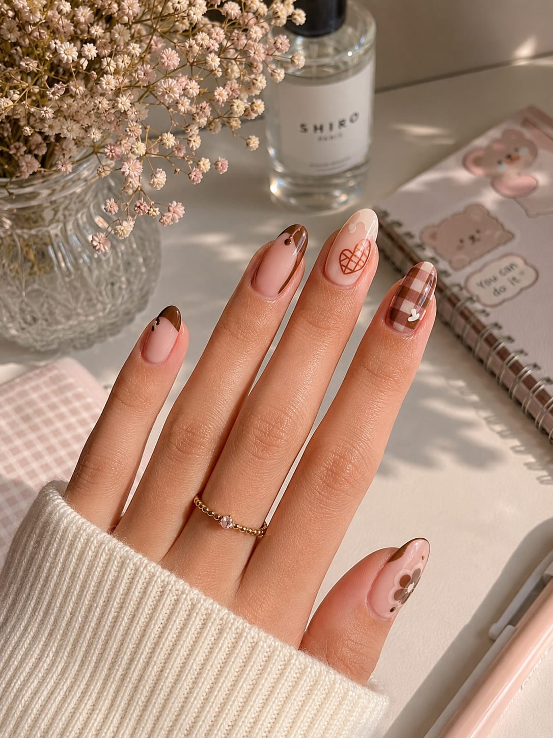 Chocolate Gingham, Waffle Heart & French Almond Press-On Nails | Reusable Sweet Café Gel Nails | Fluture Luxury Collection