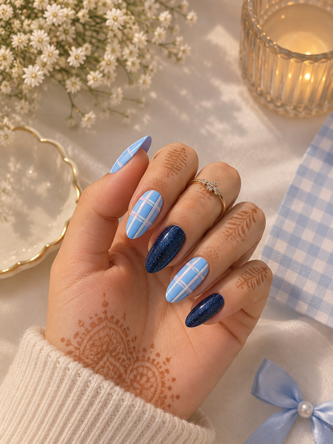 Baby Blue Tartan Plaid & Midnight Glitter Almond Press-On Nails | Reusable Dopamine Preppy Gel Nails | Fluture Luxury Collection
