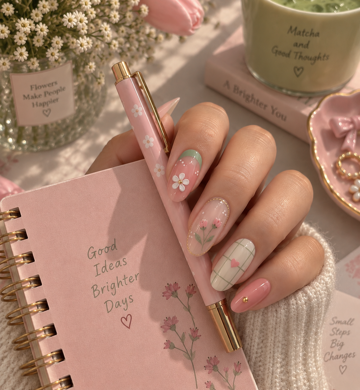 Matcha French, 3D Daisy & Tulip Plaid Almond Press-On Nails | Reusable Pastel Floral Gel Nails | Fluture Luxury Collection