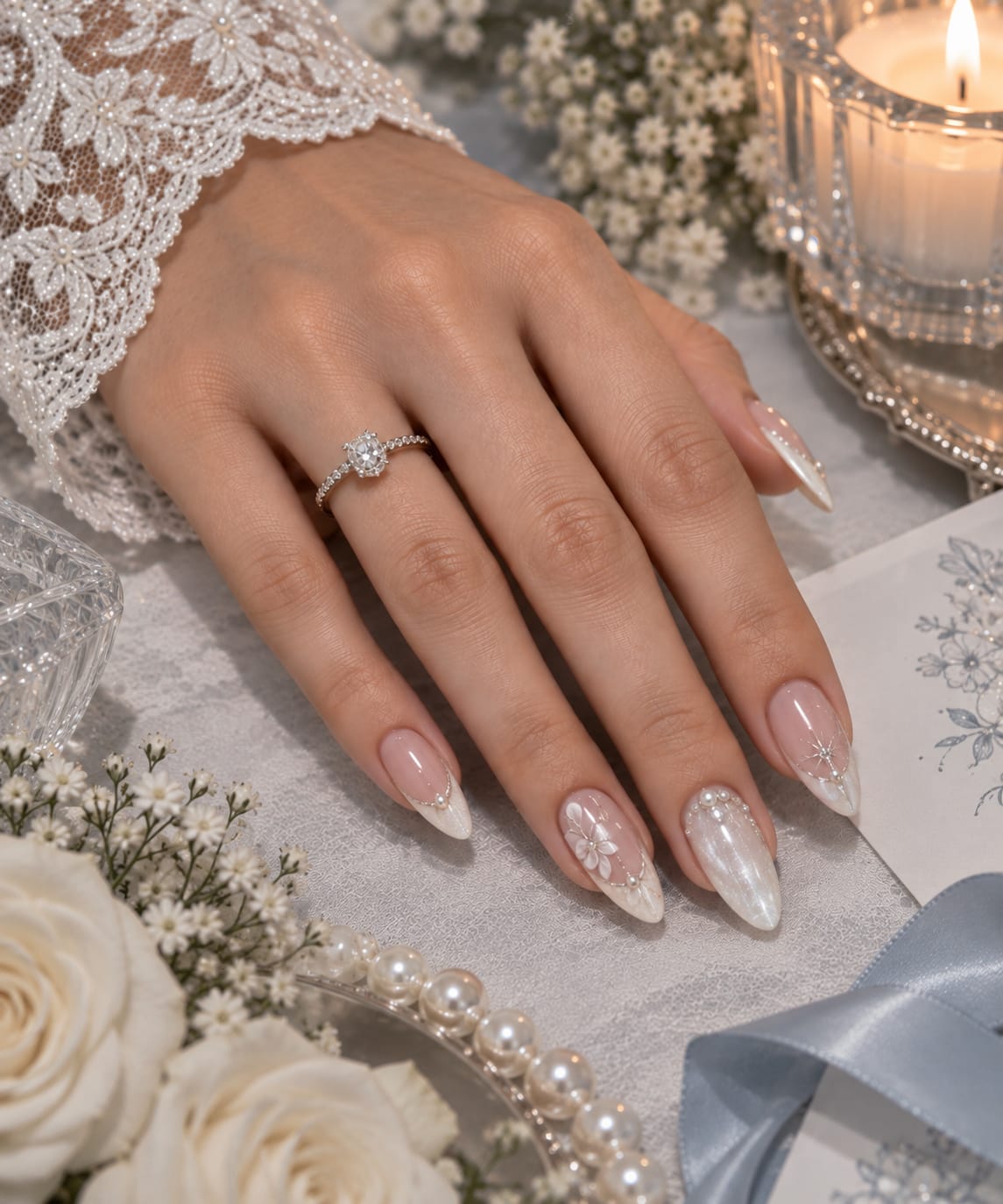 Bridal Pearl White Almond Press-On Nails | Reusable Wedding Gel Nails | Fluture Bridal Collection