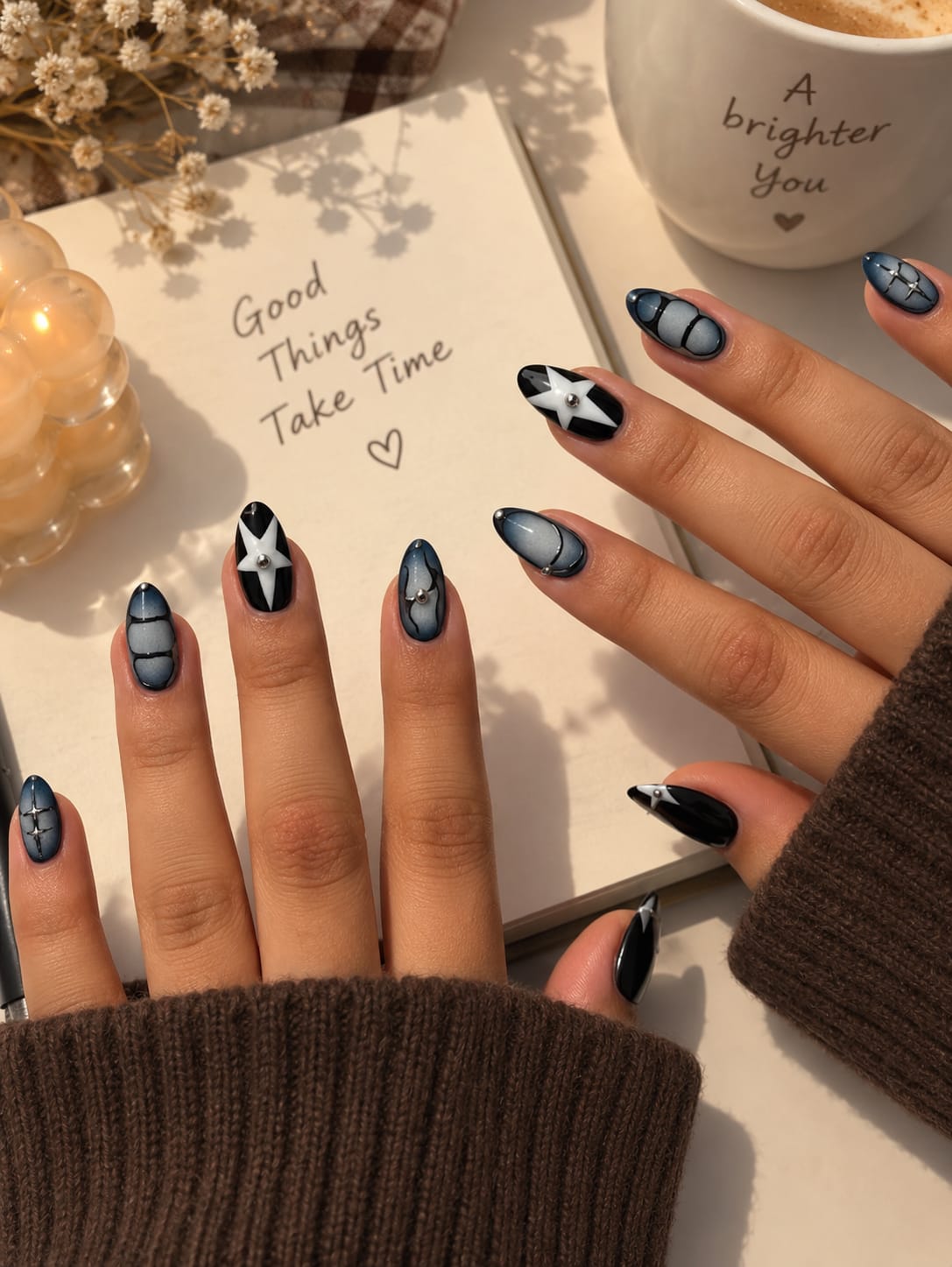 Smokey Velvet Aura, Cyber Star & Chrome Stud Almond Press-On Nails | Reusable Grunge Y2K Gel Nails | Fluture Luxury Collection