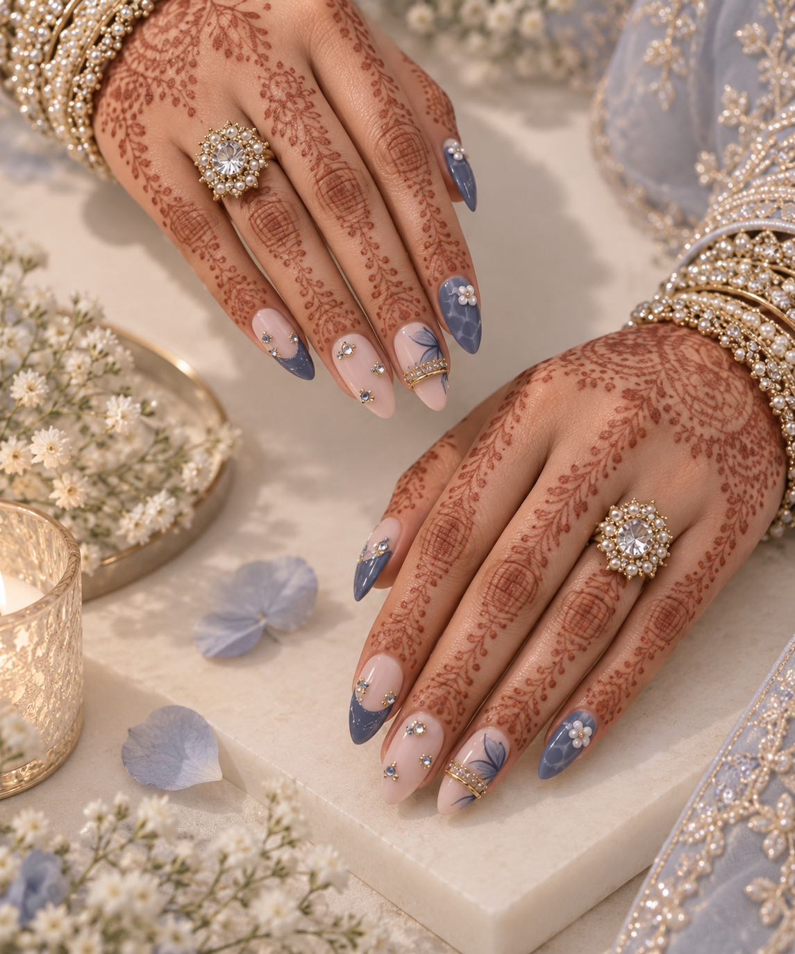 Bridal Dusty Blue Almond Press-On Nails | Reusable Wedding Gel Nails | Fluture Bridal Collection