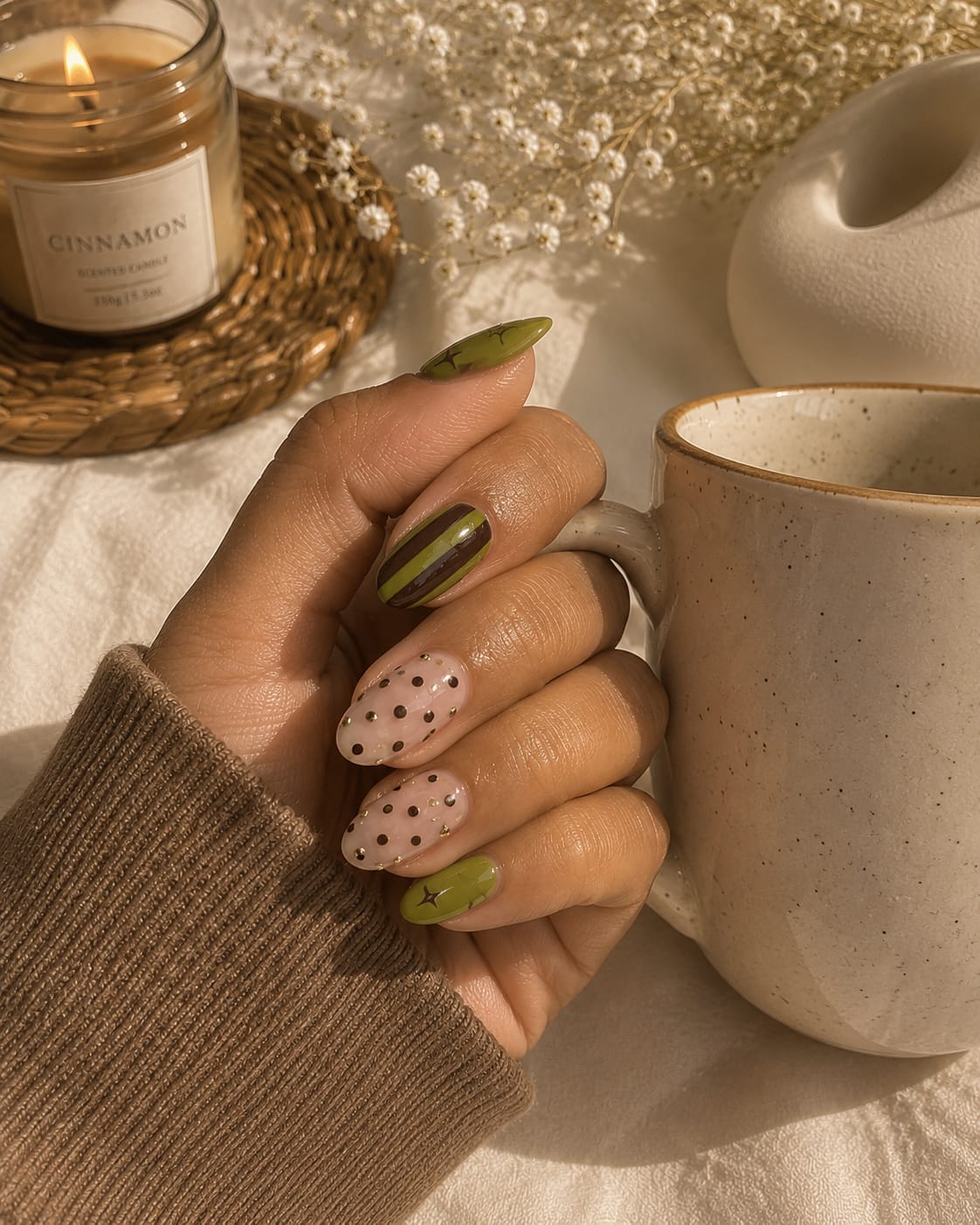 Matcha & Mocha Stripe, Polka Dot Almond Press-On Nails | Reusable Retro Cozy Gel Nails | Fluture Luxury Collection
