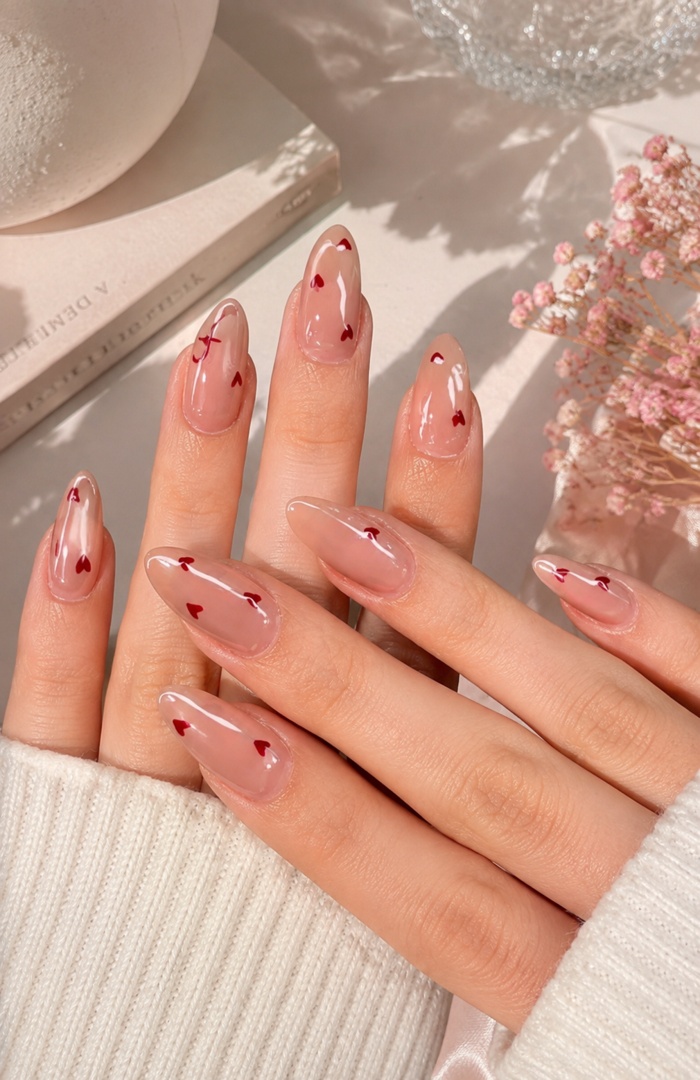 Sheer Glass Jelly Nude & Floating Red Micro-Heart Almond Press-On Nails | Reusable Minimalist Coquette Romantic Gel Nails | Fluture Luxury Collection
