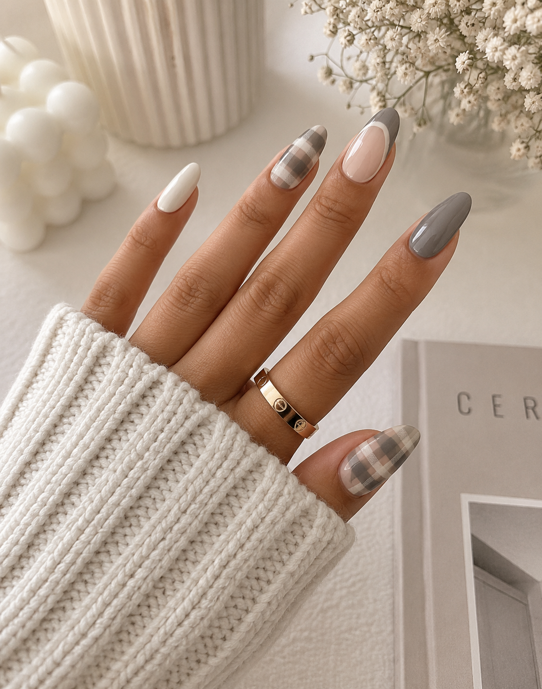 Slate Grey Plaid & White Outline French Almond Press-On Nails | Reusable Minimalist Cozy Gel Nails | Fluture Luxury Collection
