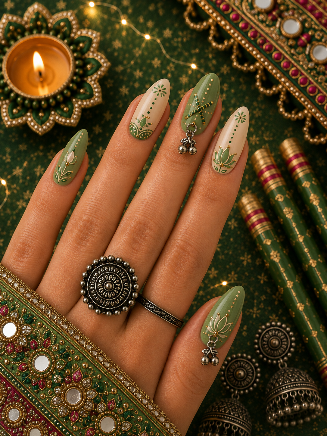 Navratri Olive Mehendi Dandiya & Hanging Ghungroo Charm Almond Press-On Nails | Reusable Ethnic Garba Gel Nails | Fluture Themed Collection