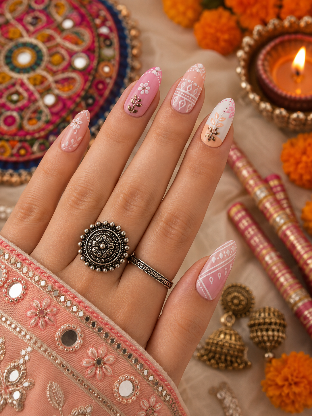 Navratri Garba Bandhani & Floral Gota Patti Almond Press-On Nails | Reusable Festive Ethnic Gel Nails | Fluture Themed Collection