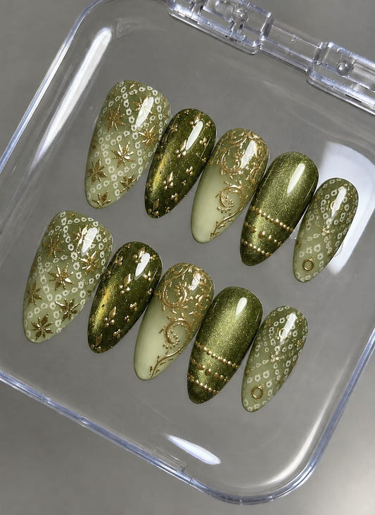 Royal Olive Lime & Gold Bandhani Filigree Almond Press-On Nails | Navratri Special | Fluture