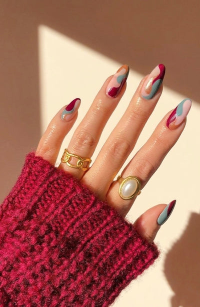 Crimson Ripple | Almond Nail Art Gel-X Extensions | Fluture