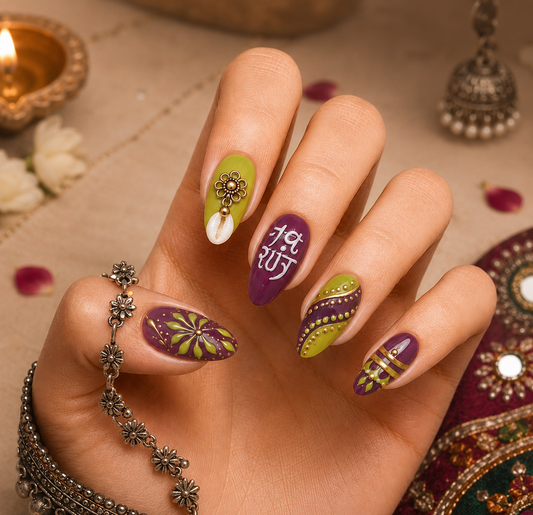 Royal Purple & Lime Green Cowrie Shell Dandiya Almond Press-On Nails | Navratri Special | Fluture