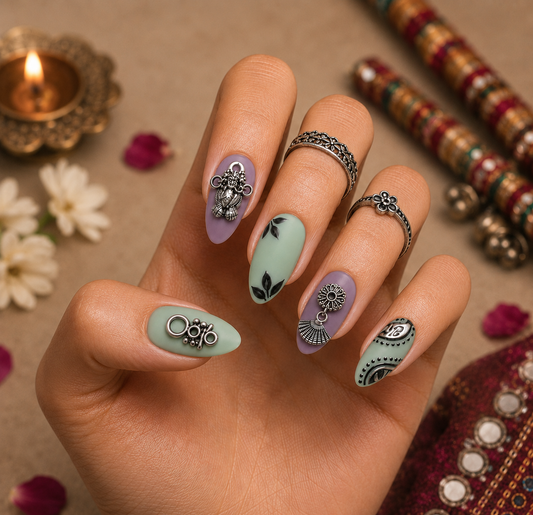 Sage Green & Dusty Lavender Oxidized Silver Charm Almond Press-On Nails | Navratri Special | Fluture