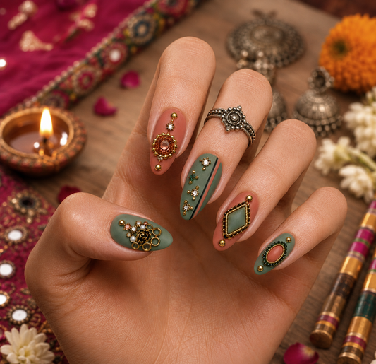 Kundan Jewel & Matte Sage-Terracotta Royal Almond Press-On Nails | Navratri Special | Fluture