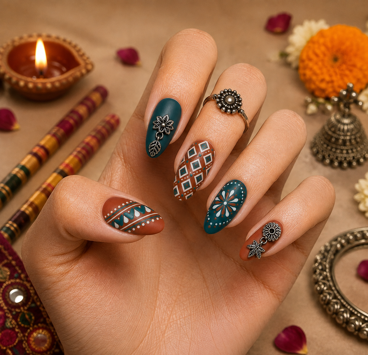 Boho Terracotta & Peacock Teal Ethnic Mandala Almond Press-On Nails | Navratri Special | Fluture