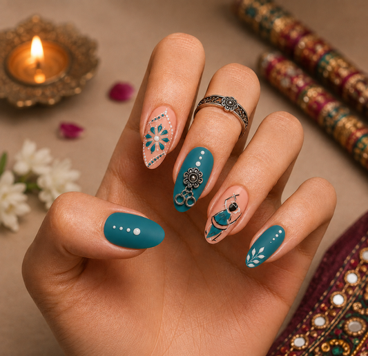 Teal Matte & Dandiya Garba Festive Almond Press-On Nails | Navratri Special | Fluture