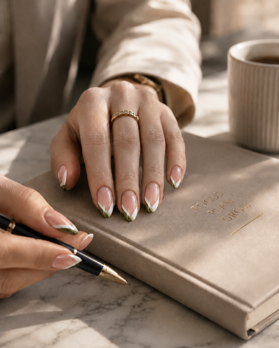 Olive Green & White Chevron French Tip Almond Press-On Nails | Reusable Gel Nails | Fluture