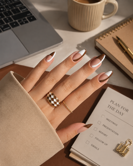Mocha Latte & White Two-Tone Outline French Almond Press-On Nails | Reusable Corporate Chic Neutral Gel Nails | Fluture Luxury Collection