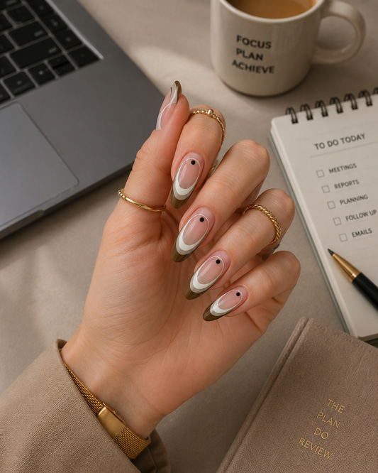 Olive Khaki & Cream Layered French with Micro-Dot Almond Press-On Nails | Reusable Corporate Chic Neutral Gel Nails | Fluture Luxury Collection