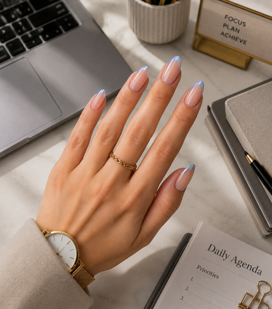 Iridescent Glazed Blue Chrome Micro French Almond Press-On Nails | Reusable Clean Girl Corporate Chic Gel Nails | Fluture Luxury Collection