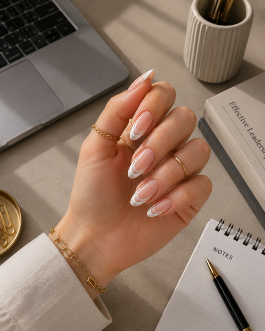Triple Line White Swirl Negative Space French Almond Press-On Nails | Reusable Corporate Chic Clean Girl Gel Nails | Fluture Luxury Collection