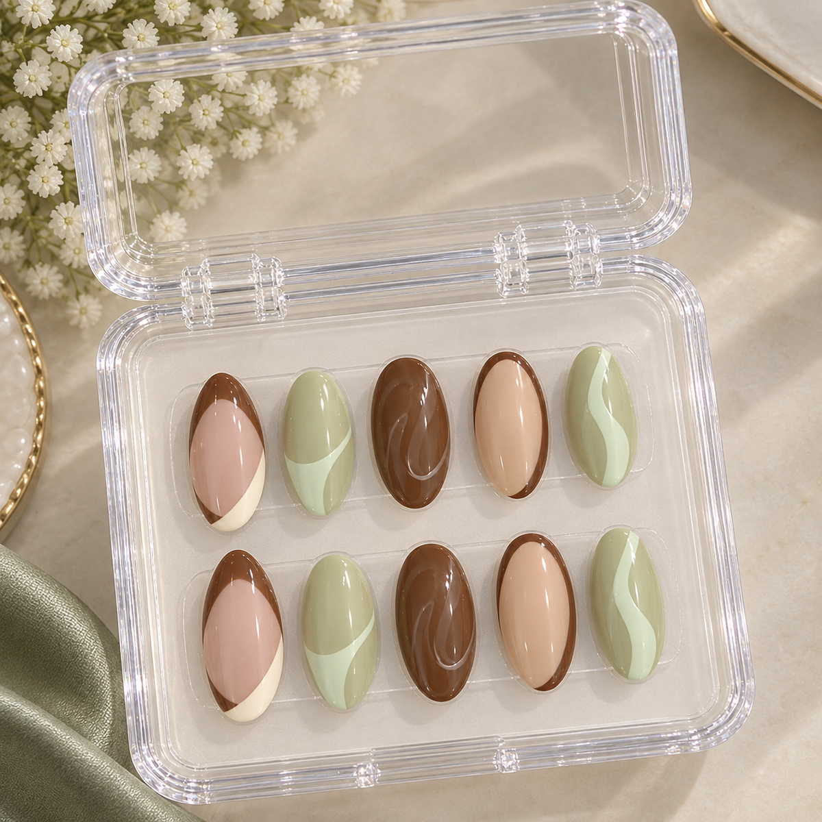 Matcha & Mocha Abstract Almond Press-On Nails | Reusable Everyday Gel Nails | Fluture Studio Collection