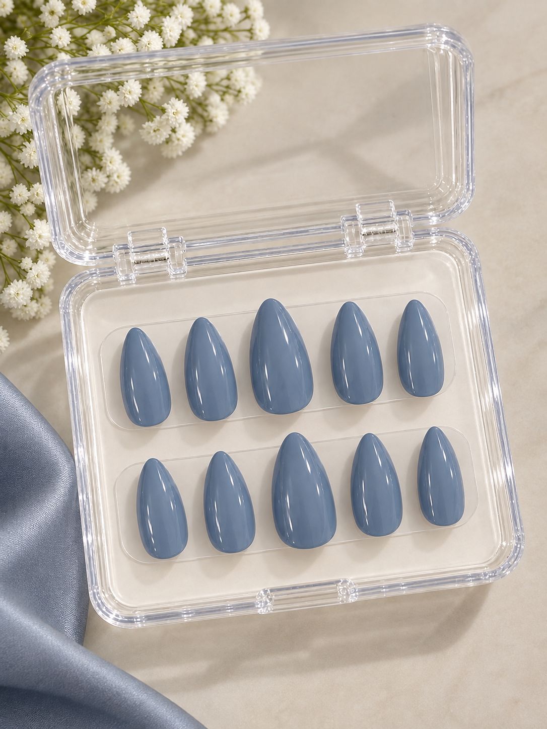 Slate Blue Solid Almond Press-On Nails | Reusable Everyday Gel Nails | Fluture Studio Collection