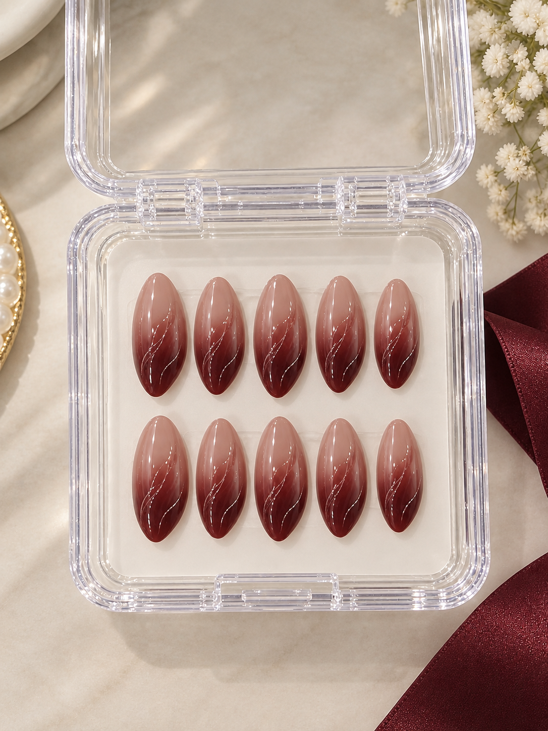 Burgundy Ombré Swirl Almond Press-On Nails | Reusable Everyday Gel Nails | Fluture Studio Collection