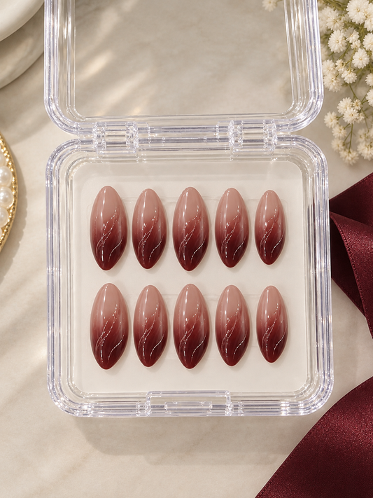 Burgundy Ombré Swirl Almond Press-On Nails | Reusable Everyday Gel Nails | Fluture Studio Collection