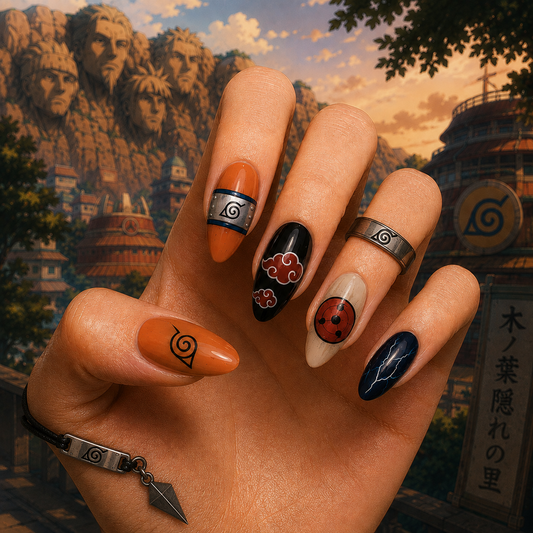 Naruto Shippuden Hidden Leaf Headband & Sharingan Akatsuki Almond Press-On Nails | Reusable Anime Gel Nails | Fluture Themed Collection
