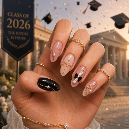 Golden Graduate 2026 Almond Press-On Nails | Reusable Gel Nails | Fluture