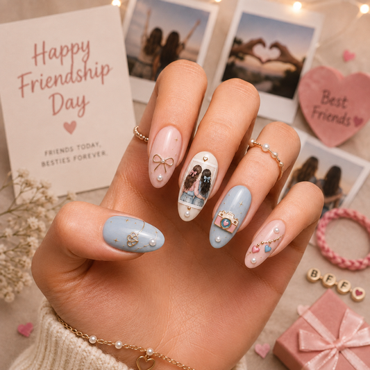 Best Friends Memories Pastel Blue & Pink Coquette Almond Press-On Nails | Reusable Gel Nails | Fluture
