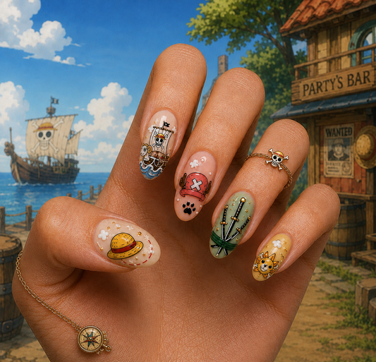 One Piece Straw Hat Pirates & Going Merry Almond Press-On Nails | Reusable Anime Gel Nails | Fluture Themed Collection