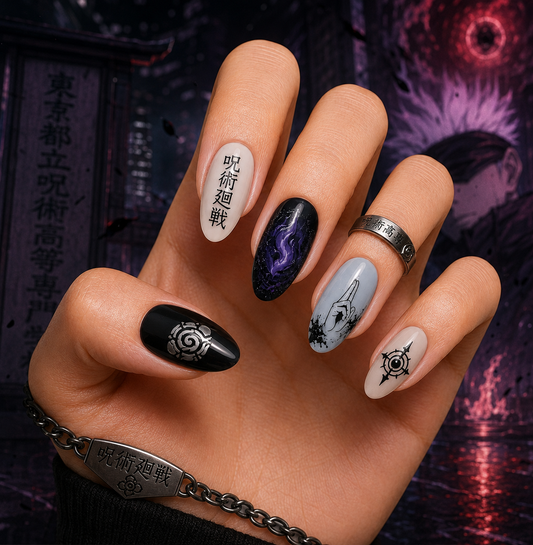 Jujutsu Kaisen Cursed Energy & Domain Expansion Almond Press-On Nails | Reusable Anime Gel Nails | Fluture Themed Collection