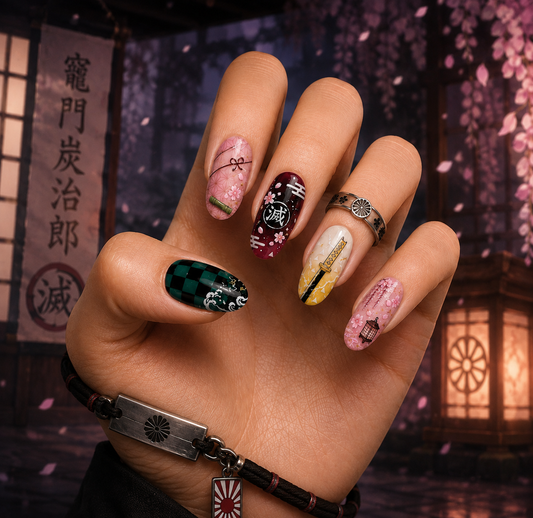 Demon Slayer Anime Corps Katana & Wisteria Almond Press-On Nails | Reusable Anime Gel Nails | Fluture Themed Collection