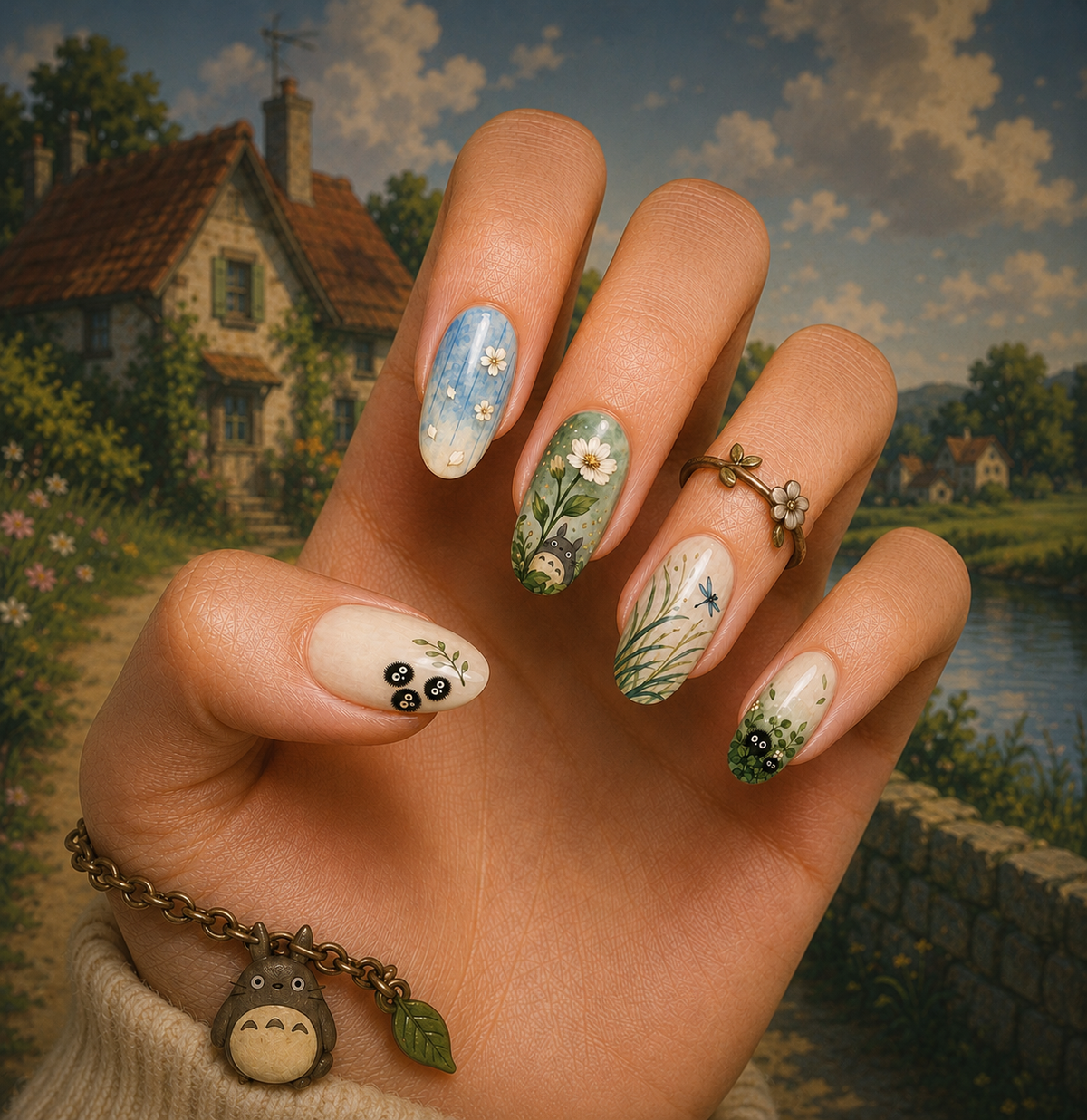 Studio Ghibli My Neighbor Totoro Meadow & Soot Sprites Almond Press-On Nails | Reusable Anime Gel Nails | Fluture Themed Collection