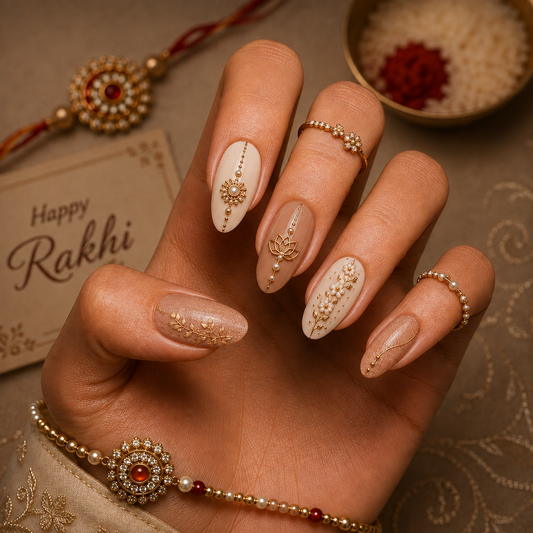 Golden Lotus & Pearl Filigree Shimmer Nude Almond Press-On Nails | Reusable Gel Nails | Fluture