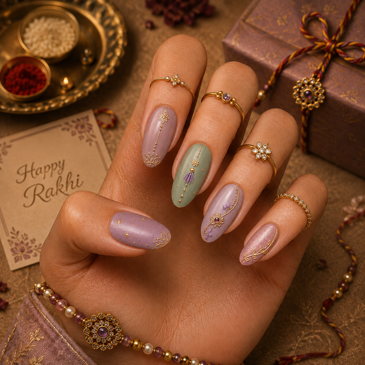 Festive Lavender Shimmer & Sage Green Gold Lotus Filigree Almond Press-On Nails | Reusable Gel Nails | Fluture Festive Collection