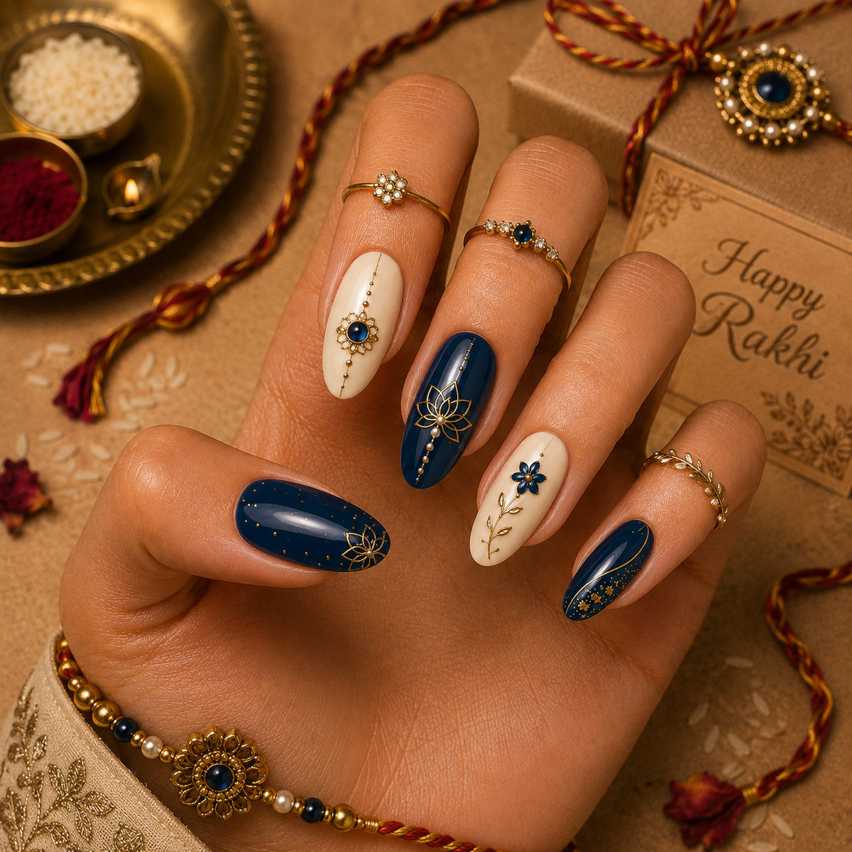 Royal Sapphire Blue & Golden Lotus Filigree Almond Press-On Nails | Reusable Gel Nails | Fluture