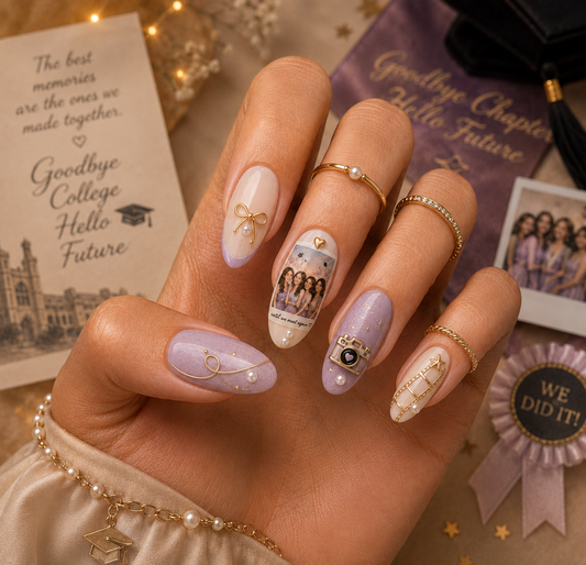 Graduation Memories Lavender French & 3D Gold Bow Almond Press-On Nails | Reusable Gel Nails | Fluture
