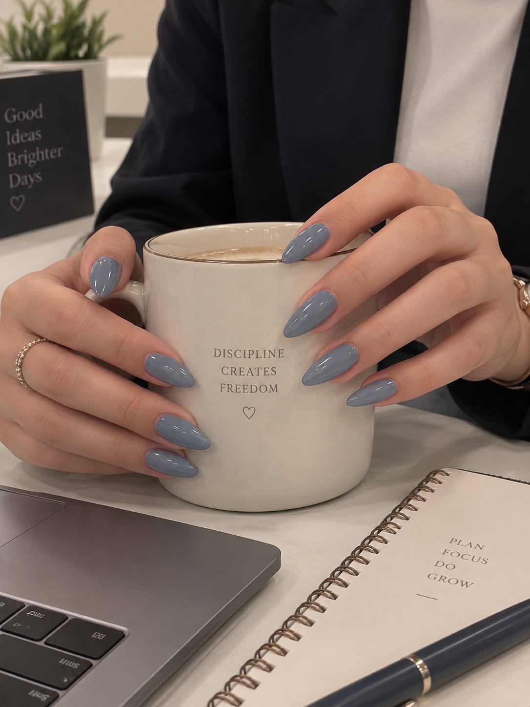 Slate Blue Solid Almond Press-On Nails | Reusable Everyday Gel Nails | Fluture Studio Collection