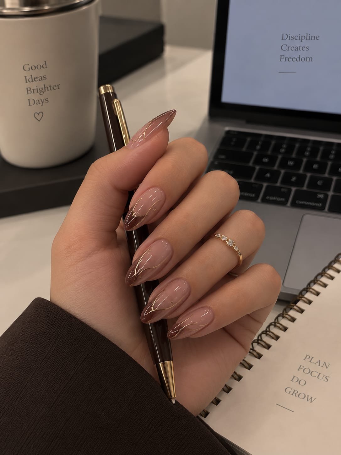 Mocha Swirl & Gold Almond Press-On Nails | Reusable Everyday Gel Nails | Fluture Studio Collection