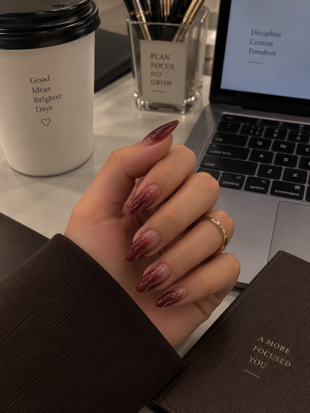 Burgundy Ombré Swirl Almond Press-On Nails | Reusable Everyday Gel Nails | Fluture Studio Collection