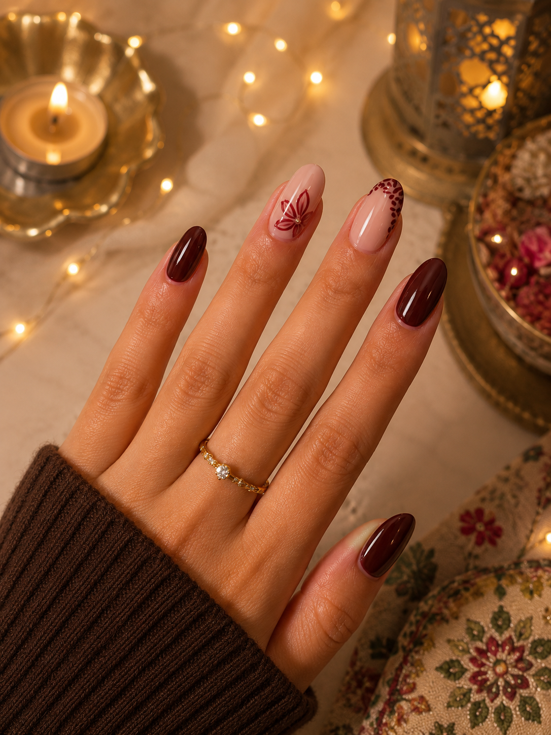 Burgundy Floral & Spotted French Almond Press-On Nails | Reusable Warm Autumn Gel Nails | Fluture Luxury Collection