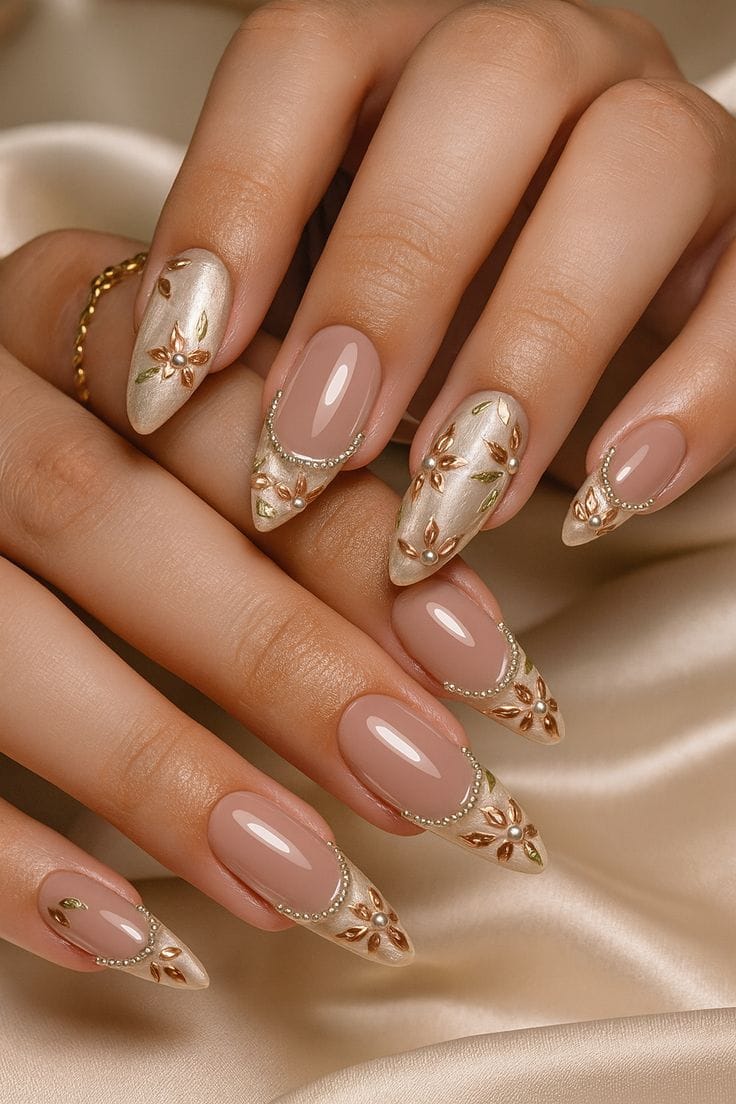 Bridal Pearl Champagne & 3D Gold Floral French Almond Press-On Nails | Reusable Wedding Gel Nails | Fluture Bridal Collection