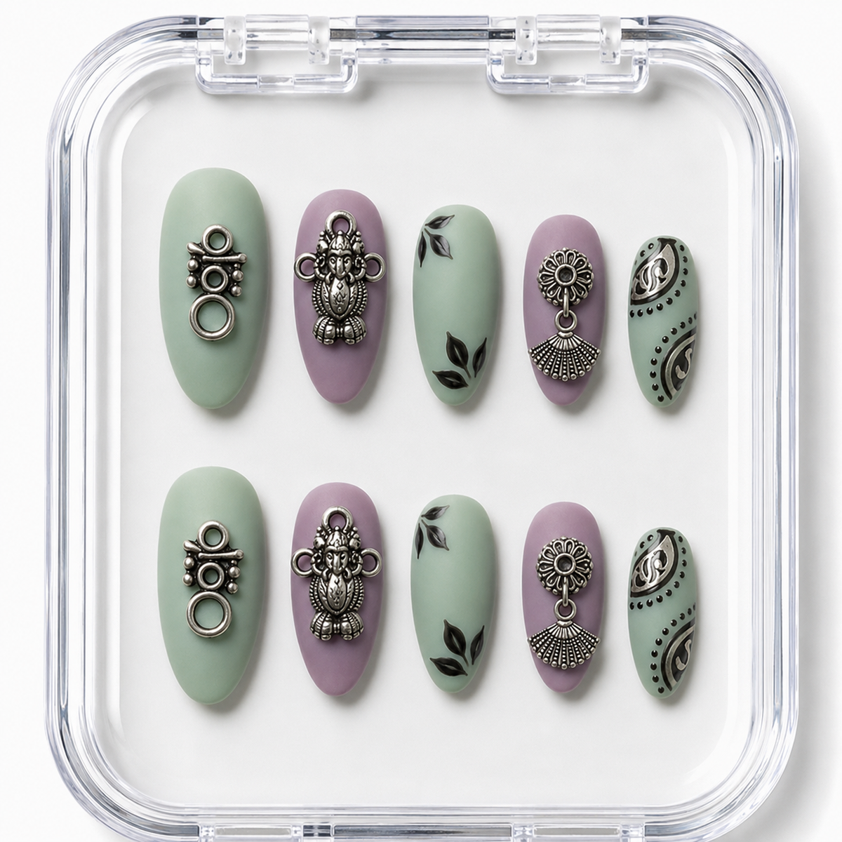 Sage Green & Dusty Lavender Oxidized Silver Charm Almond Press-On Nails | Navratri Special | Fluture